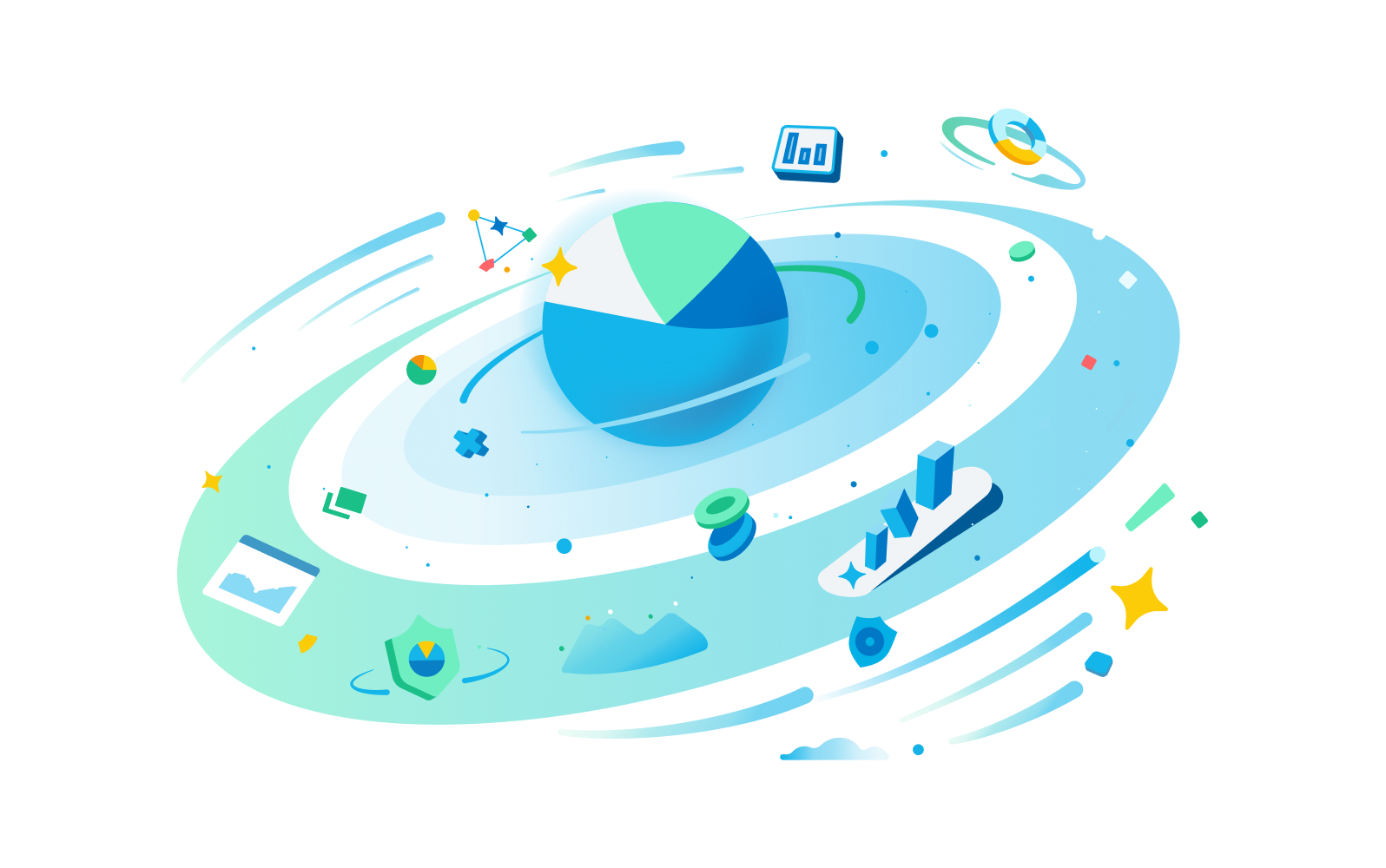 A tidal swirl surrounds a pie chart, indicating the rich data available from Analytics powered by Syft.